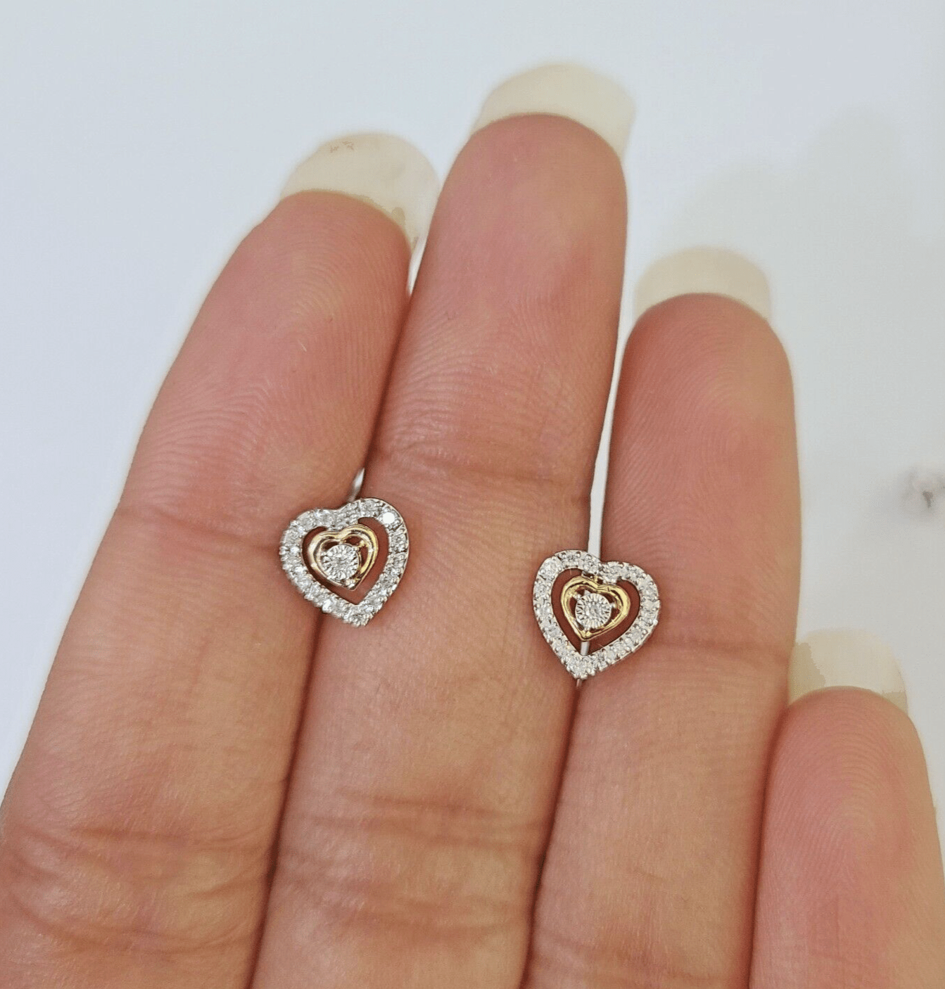 14k White Yellow Gold Heart Earrings Diamond screw - back Women Men Studs Natural - GoldenlinQ